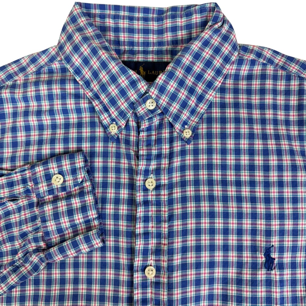 Ralph‎ Lauren Button Down Shirt Mens Large Blue Pink Plaid Long Sleeve Pony Logo